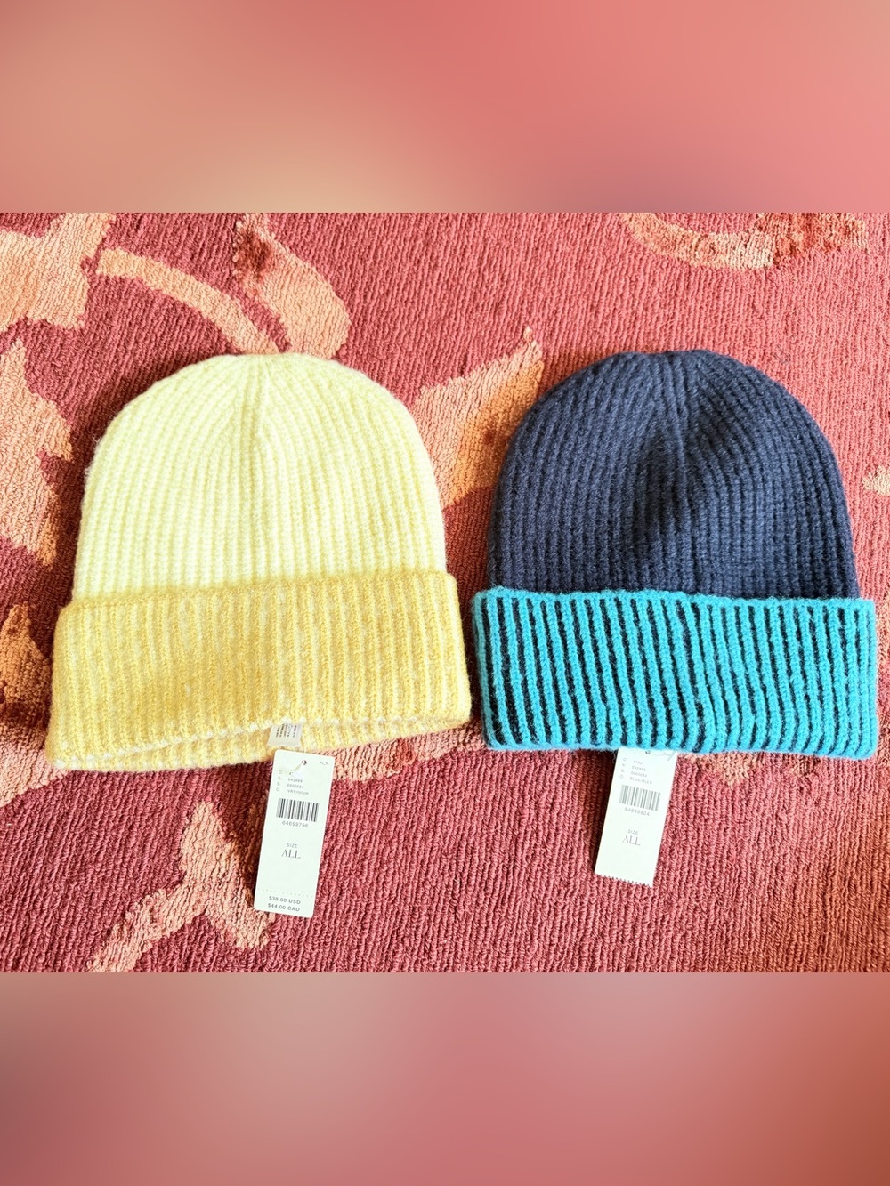 Anthropology Ribbed Knit Beanie - Yellow and Navy/Turquoise